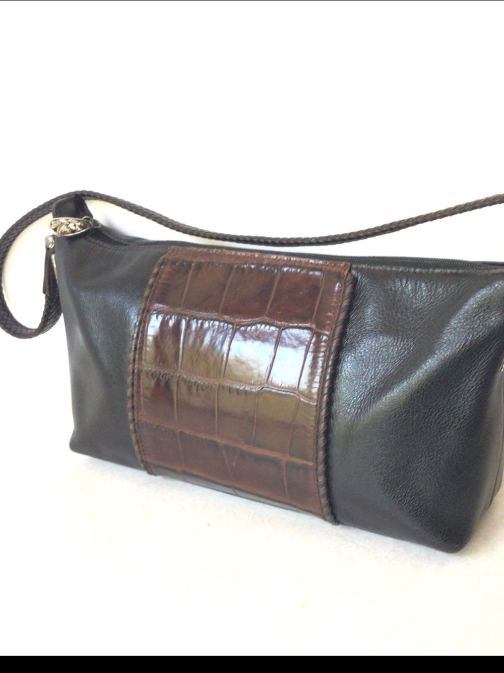 VTG Brighton Black & Brown Leather Croc Embossed Shoulder Bag Great Condition